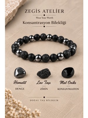 % 100 Gerçek Doğal Taş Konsantrasyon Bileklik |lav Oniks Hematit| Hediyelik Doğaltaş
