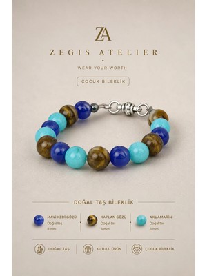 8 mm Kedi Gözü Akuamarin ve Kaplan Gözü Doğal Taş Bileklik