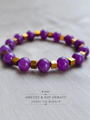 8 mm Ametist ve 4 mm Küp Hematit Doğal Taş Bileklik - Kadın Bileklik Tasarımı