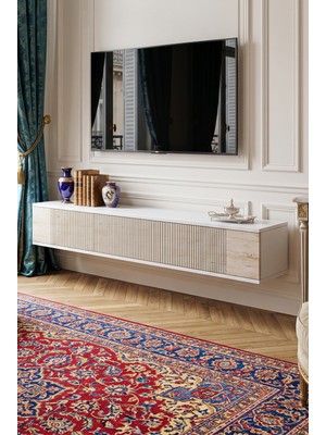 Yumedi Design TDA1803BT - Tarçın Duvara Montaj Tv Stand 180CM Beyaz-Traverten