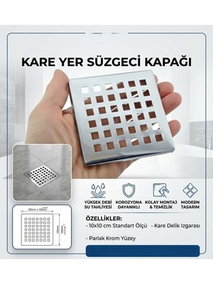 Primeaks Kare Yer Süzgeci Üst Kapağı 10X10 cm – Parlak Krom Banyo ve Balkon Gider Izgarası