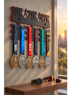 Maygiy Maraton Madalyalık - Koşu Branşına Özel Duvara Monte 3D Baskı Siyah Kırmızı Sporcu Dekoru