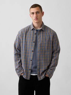 Gap Erkek Mavi Twill Relaxed Kareli Gömlek
