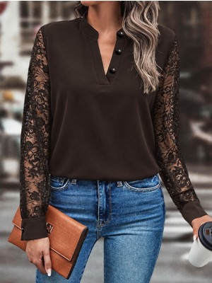 Veraura Lifestyle Kadın Uzun Kollu Yaka Düğme Detay Güpürlü Kol Krep Bluz