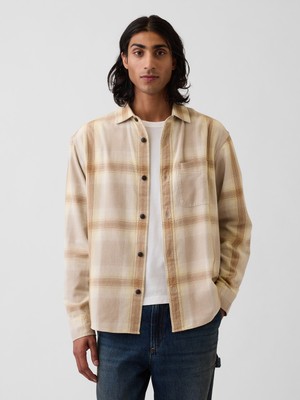 Gap Erkek Bej Twill Relaxed Kareli Gömlek