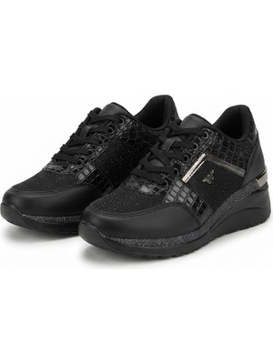 Zerenyus Geja Premium Siyah Bağcıklı 5 cm Dolgu Kalın Topuk Bağcıklı Kadın Sneaker