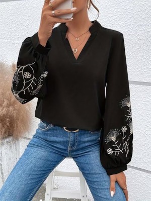 Veraura Lifestyle Kadın Uzun Kollu V Yakalı Kolları Çiçek Desenli Viskon Iki Iplik Bluz