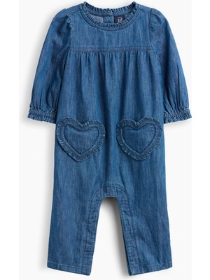 Gap Bebek Koyu Mavi Denim Kalp Tulum