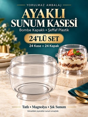 Yorulmaz Ambalaj Ayaklı Bombe Kapaklı Kase 24’lü – Şeffaf Plastik Tatlı, Magnolya ve Puding Sunum Kabı