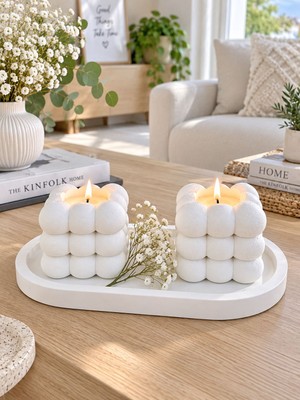 Bubu Home Dekoratif Bubble Küp Mumluk – 2’li Beyaz Tasarım Mumluk Seti
