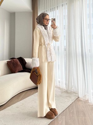 Elora Atelier EKRU KÜRK DETAYLI TRİKO TAKIM