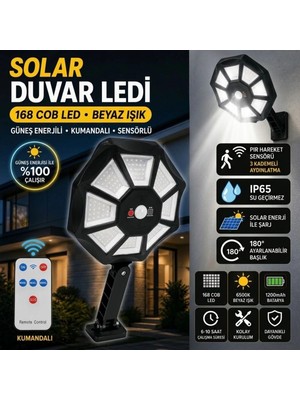 Eco Lounge 168B Solar LED Büyük Dış Mekân Lambası, Hareket Sensörlü, Kumandalı, 3 Modlu Ultra Parlak Cob Işık, Su Geçirmez Kablosuz Duvar Apliği BX40