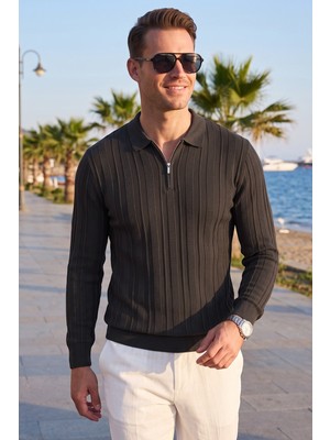 Deepsea Erkek Slim Fit Dokulu Siyah Triko Kazak – Fermuarlı Polo Yaka Likralı Esnek 2708505