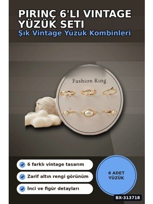 Eco Lounge Pirinç 6'li Yuzuk Seti 7-8 Numara Adjustable Vintage Stil Bayan Aksesuari BX-313718