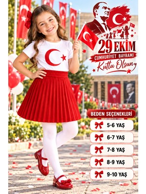Kız Çocuk 29 Ekim Cumhuriyet Bayramı Özel Ay Yıldız T-Shirt ve Kırmızı Pileli Etek Takımı