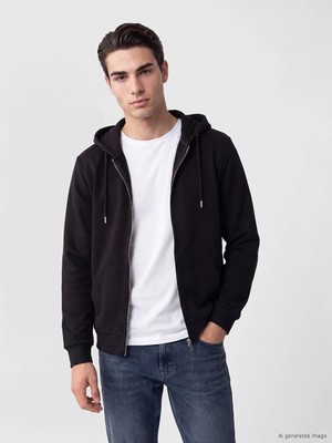 Lc Waikiki Yeni Sezon Siyah Kapüşonlu Erkek Fermuarlı Sweatshirt