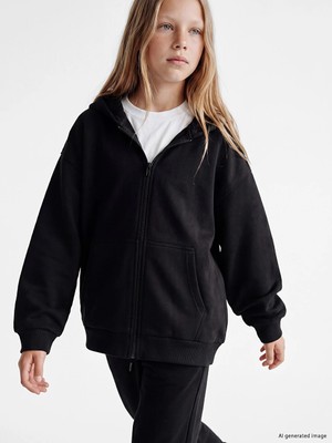 Lc Waikiki Yeni Sezon Siyah Kapüşonlu Kalın Kız Çocuk Fermuarlı Sweatshirt
