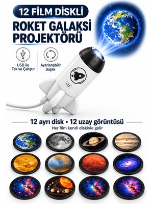 Ayers 12 Film Diskli Roket Tasarımlı Galaksi Projektörü, USB Yıldızlı Gökyüzü Projeksiyon Gece Lambası, Ayarlanabilir Başlıklı, Duvar ve Tavan Yansıtmalı Çocuk Odası Uzay Lambası