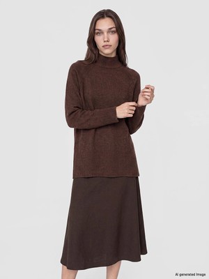 Lc Waikiki Yeni Sezon Kahverengi Yarım Balıkçı Yaka Oversize Kadın Triko Tunik