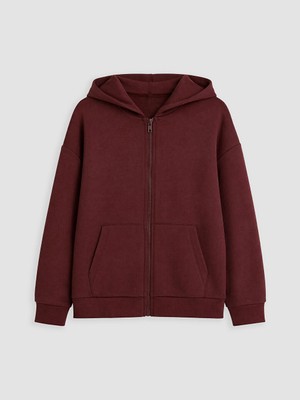 Lc Waikiki Yeni Sezon Bordo Kapüşonlu Kız Çocuk Soft Touch Fermuarlı Sweatshirt