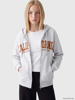 Lc Waikiki Yeni Sezon Gri Kapüşonlu Oversize Kadın Fermuarlı Sweatshirt