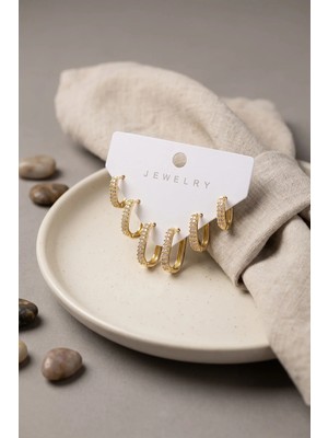 Tegan Gold Renk Zirkon Taşlı Pirinç Oval Kare Model Kadın Küpe Seti TG27BKP12173