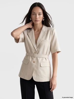 Lc Waikiki Yeni Sezon Kahverengi Kemerli Kadın %100 Keten Blazer Ceket