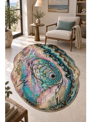 Rugs Modern Halı Dora Forma Özel Tasarım Kırık Beyaz, Gri ve Turkuaz Ince Dokuma Salon Halısı