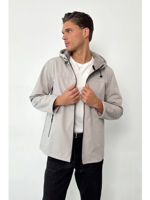 Erkek Kapüşonlu Fermuarlı Softshell Mont Gri -  27K 6044-1