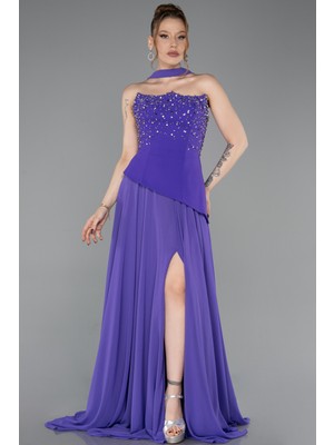 Abiyefon Taşlı Straplez Peplum Yırtmaçlı Uzun Şifon Abiye ABU6018