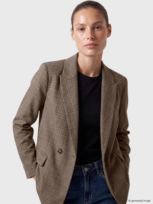 Lc Waikiki Yeni Sezon Kahverengi Kruvaze Yaka Ekose Kadın Blazer Ceket