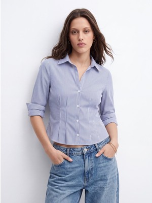 LTB Skinny Fit Belden Oturtmalı Çizgili Mavi Gömlek