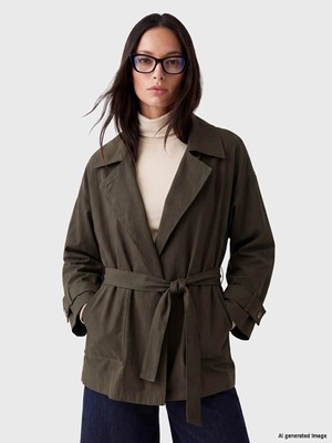 Lc Waikiki Yeni Sezon Haki Kuşaklı Oversize Kadın Gabardin Ceket