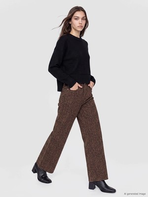 Lc Waikiki Yeni Sezon Kahverengi Leopar Desenli Wideleg Kadın Jean Pantolon