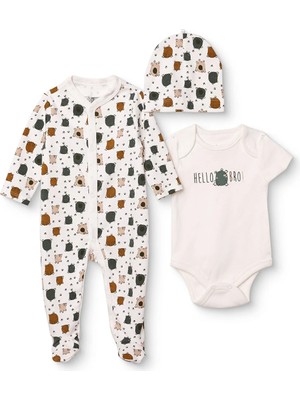 Hellobaby Erkek Bebek Tulum-Body-Şapka Hayvan Baskılı Çıtçıtlı Bisiklet Yaka Uzun Kol Patikli