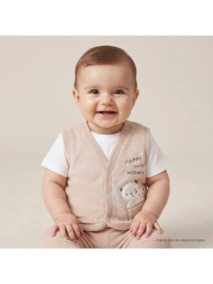 Bebetto Erkek Bebek Yelek Ayı Baskılı Çıtçıtlı V Yaka Short Sleeve