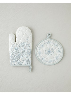 English Home Petal Poetry Fırın Eldiveni ve Tutacak Seti Bej - Mavi