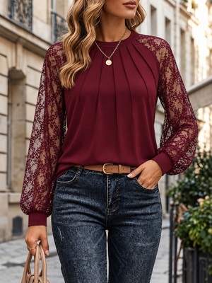 Veraura Lifestyle Kadın Uzun Kollu Bisiklet Yakalı Kolları Tül Detaylı Önden Nervürlu Viskon Bluz