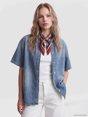 Lc Waikiki Yeni Sezon Indigo Loose Fit Kadın Jean Gömlek