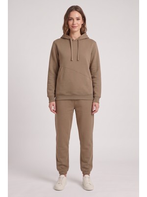 Machi Makiteks Kahve Kadın 3 Iplik Şardonlu Asimetrik Kesik Cepli Kapüşonlu Paçası Lastikli Eşofman Takımı - Sweatshirt ve Eşofman Altı Ikili Takım