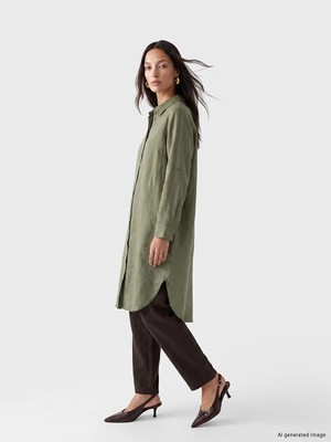 Lc Waikiki Yeni Sezon Yeşil Oversize %100 Keten Kadın Gömlek Tunik