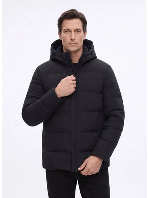 Fabrika Siyah Erkek Kapüşonlu Slim Fit Kapitone Kaban F6WM-KBN 2107