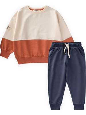 Cigit Garnili Sweatshirt Ince Mevsimlik Takım 8-12 Yaş Ekru Lacivert