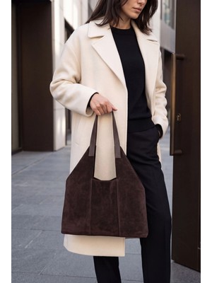 Marjin Kadın Hakiki Deri Shopper Içi Çantalı Düğme Kapama Omuz Çantası Filun Kahve Süet