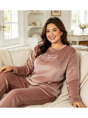NiCe İç Giyim Büyük Beden Kadife Pembe Renk Kadın Pijama Takım Bisiklet Yaka Uzun Kol Yumuşak Rahat Şık (3xl-4xl-5xl)