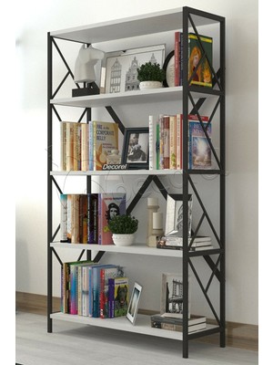 Morpanya Dekoratif Metal 5 Raflı Kitaplık 90X180 cm Beyaz Modern Tasarım Geniş Depolama