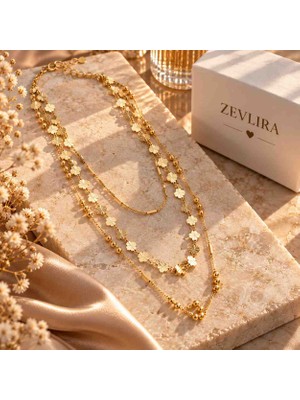Zevlira Gold Çok Katmanlı Yonca Detaylı Kadın Kolye ✨