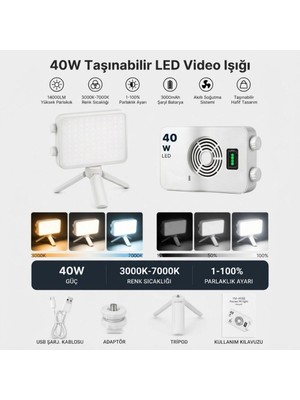 Buffer® 40W Taşınabilir LED Video Işığı, Crı 95+ 3000-7000K Ayarlanabilir Kamera ve Fotoğraf Işığı, 3000MAH Şarjlı Tripodlu Dolgu Lambası