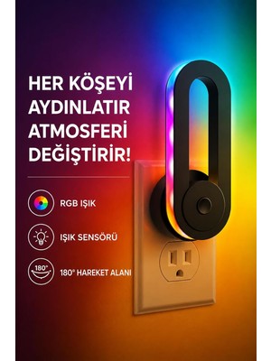 Tr Rgb Akıllı Gece Lambası, Işık Sensörlü 180° Dönebilen Dekoratif Duvar Priz Lambası, Dok