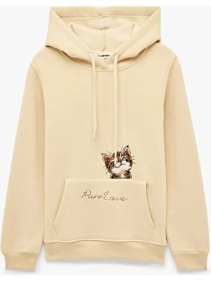 Koton Bej Kadın Kapüşonlu Oversize Baskılı Sweatshirt 7WAL10087IK